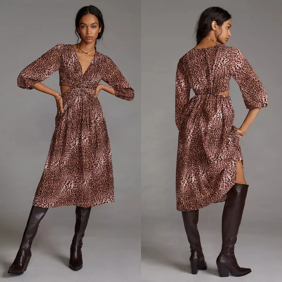 ANTHROPOLOGIE RANNA GILL Brown Motif Animal Print Cut-Out Midi Dress XS.